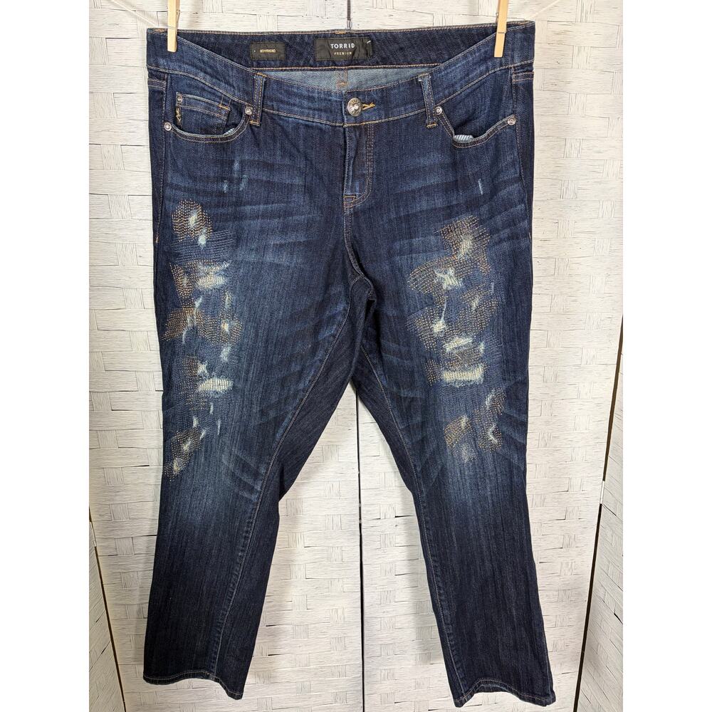 Torrid womens jeans, dark washed distressed embroidered dark romantic plus size